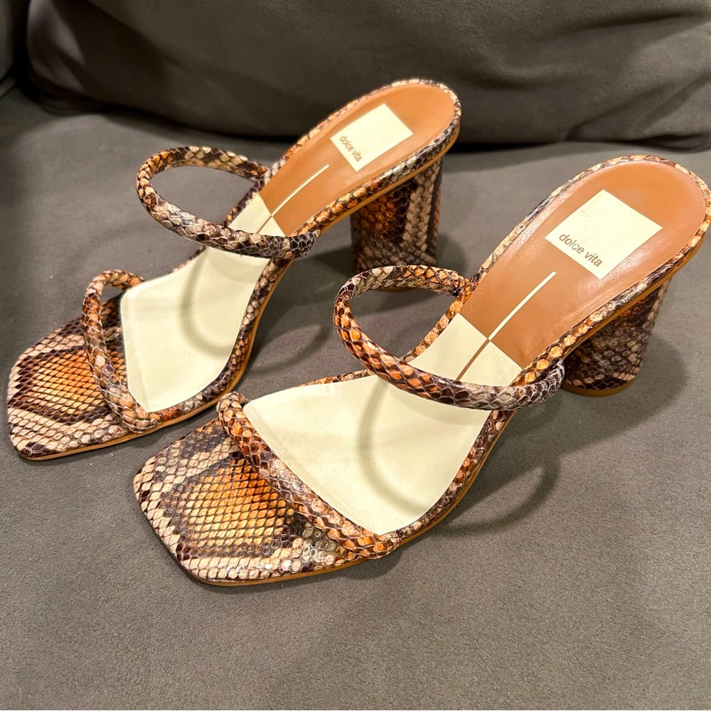 Dolce Vita Noles Snake Print Leather Heeled Women’s Slides Sandals Size 8.5 - Picture 2 of 13